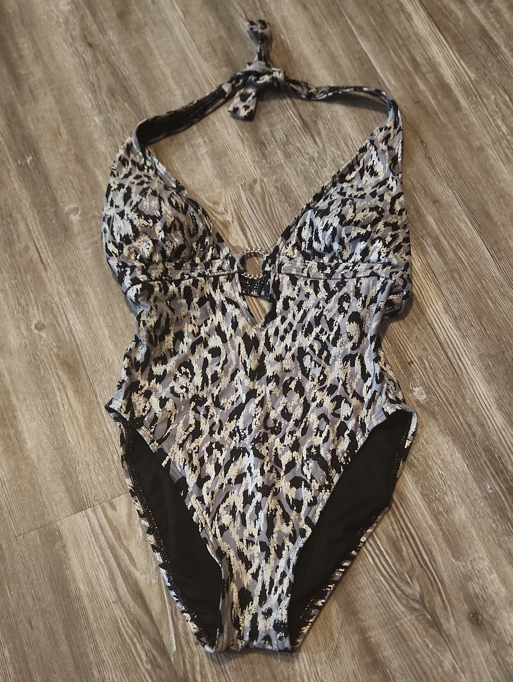 Michael Kors Black and Gray Leopard Print Halter One-Piece